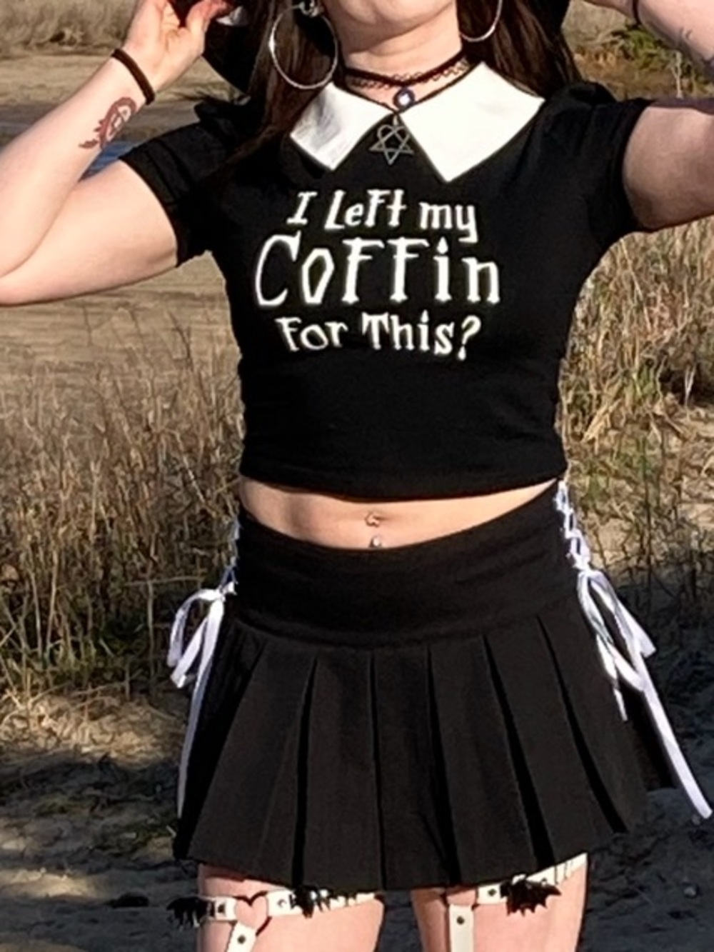 The Grave Girls x Dollskill black graphic crop top coffin white collar s